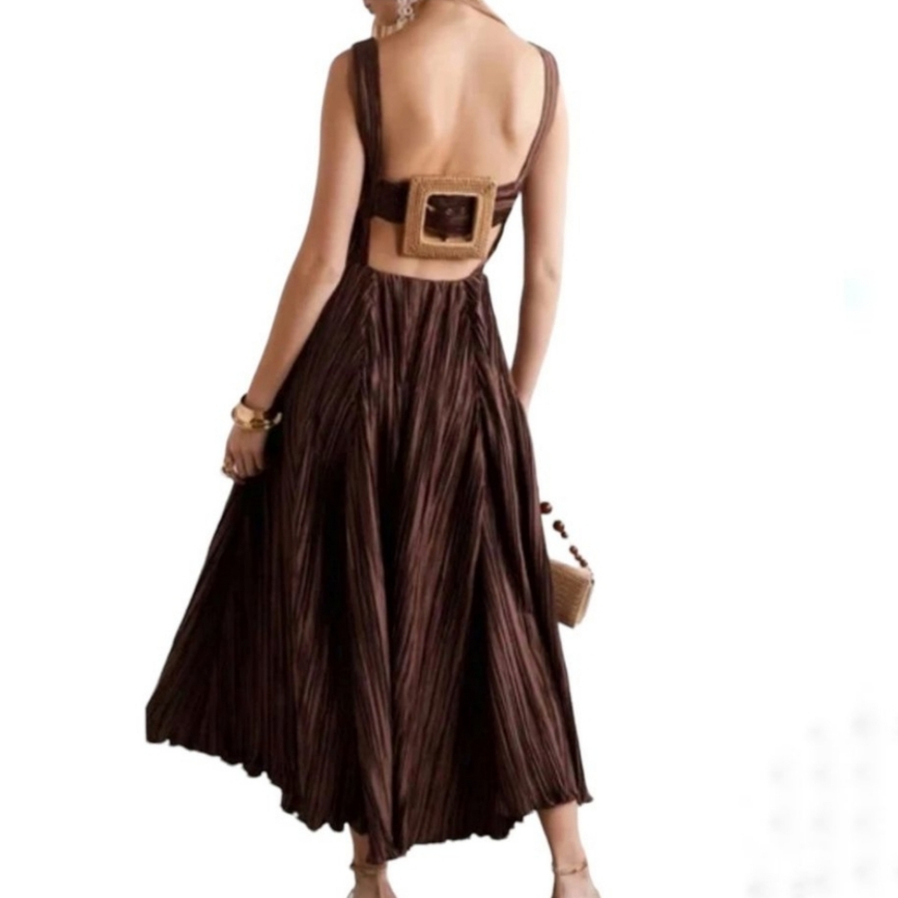 Cult Gaia Angela Buckled Plissé-Satin Midi Dress
